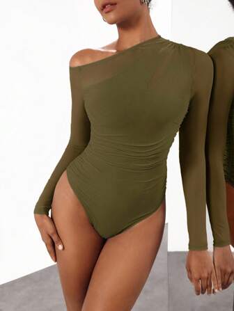 Cheerfulab Body asimetric din plasă transparentă, cu umăr deschis, pentru femei, pentru vacanță, primăvară și vară, pentru plajă