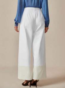 Chiquease Damen Boho Weite Hose, mit metallischen Knöpfen, Reißverschluss-Dekor, kontrastfarbener Saum, geeignet für Frühling & Herbst - Weiss - Übersicht 2