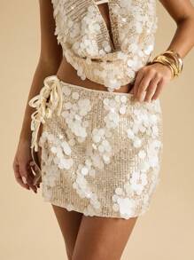 SHEIN BAE Summer Women's Solid Color Sequin Short Skirt For Party/Sequin Mini Skirt/Summer Skirt For Women, Clubs Women Sexy,Concert Women - White - View 4