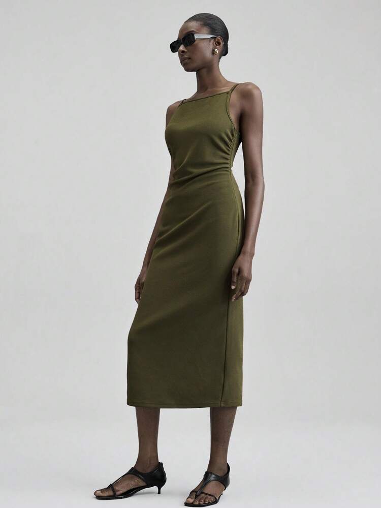 2025 New Arrival Minimalist Comfort Urban Chic Style Sleeveless Midi Dress, Olive Green Knit Fabric, Off Shoulder, A-Line Silhouette, Suitable For Back To School, Business Casual, Commuter Wear Modern Urban Casual Fashion Business Casual Women's Office Wear Low-Key Old Money Style Effortless Temperament High-End Urban Commuting High-Quality Airport Women's Wear High-End Material