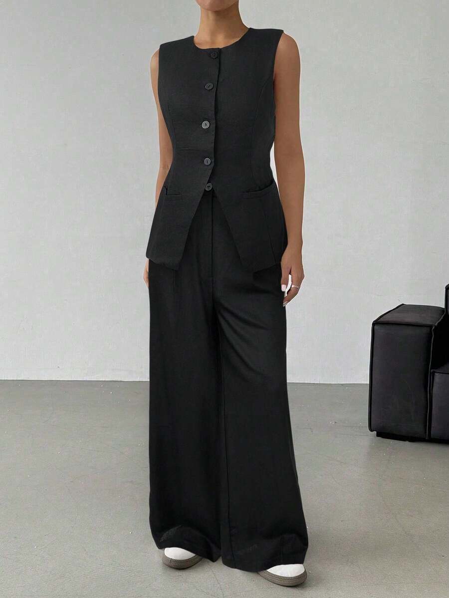 SHEIN EZwear 女士秋冬休闲黑色亚麻西装背心和阔腿裤套装 - 黑色 - 查看 1