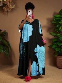 SHEIN CURVE+ 大码女装春夏休闲优雅波西米亚风黑色编织V领直筒连衣裙卡夫坦连衣裙大码连衣裙复活节连衣裙女士春季套装，曲线加大码，波西米亚度假夏季/乡村/海滩度假装/沙滩装/沙滩装，女士夏季连衣裙，休闲连衣裙 - 彩色 - 查看 4