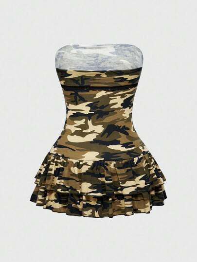 J-Fashion Y2K Sexy Camouflage Mini Puff Dress Strapless Bodycon Dress For Women