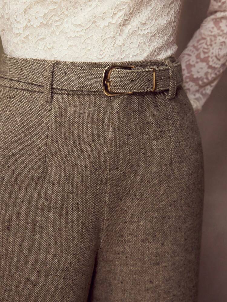 SOLID SLANT POCKET BUCKLE BELTED WIDE LEG SUIT PANTS