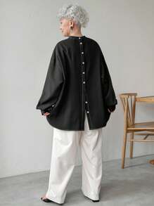 FRIFUL Women's Black Contrast Stitching Decor Back Contrast Button Loose Casual Versatile Dropped Shoulder Long Sleeve Mock Neck Blouse, Business Casual Wear For Women, Autumn