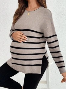 SHEIN 秋装，秋装，孕妇装 秋装 孕妇装 孕妇条纹落肩长袖侧开衩下摆休闲毛衣孕妇装 秋季孕妇毛衣 条纹孕妇毛衣 孕妇装 秋季孕妇装 孕妇毛衣 孕妇套头衫 - 駝色 - 查看 7
