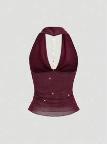 Sweetra 性感低胸褶饰腰部独特设计甜美辣味风格女式背心 - 酒紅色 - 查看 2