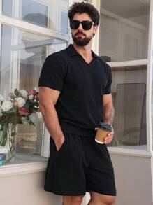 DAZY Men's Knitted Black Polo Shirt Set, Spring/Summer - Black - View 1