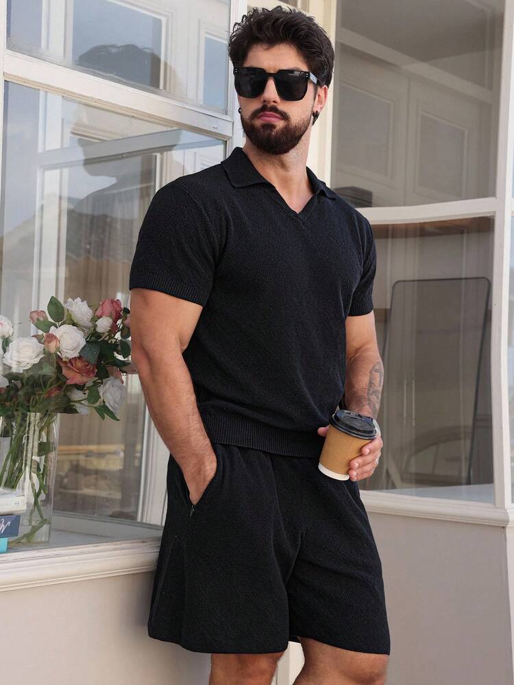Men's Knitted Black Polo Shirt Set, Spring/Summer