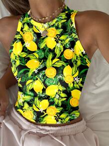 SHEIN EZwear 休闲柠檬印花图案圆领紧身女式背心，适合夏季