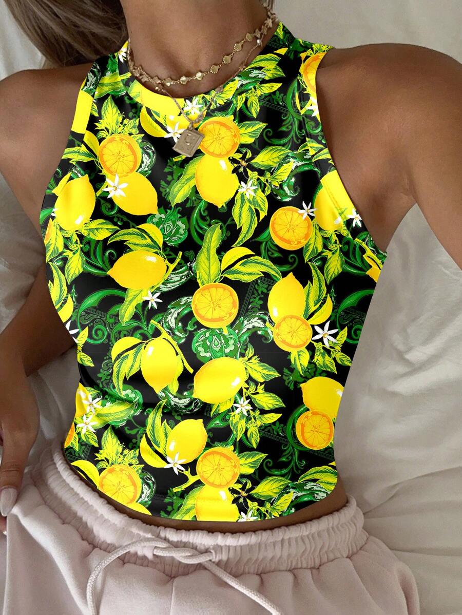 SHEIN EZwear 休闲柠檬印花图案圆领紧身女式背心，适合夏季