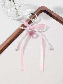 ROMWE Kawaii 1pc Elegant, Delicate, Minimalist High-End Handmade Beaded White Faux Pearl, Pink Ribbon Bow, Resin Strawberry DIY Keychain, Bag Charm, Suitable For Women, Daily Wear, Holiday Gift - Pink - View 8