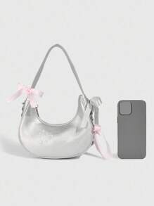 ROMWE Kawaii 1 chiếc túi xách hình lưỡi liềm bạc phong cách đại học ngọt ngào và sành điệu, túi đeo dưới cánh tay thêu nơ ruy băng ballet dành cho nữ - Nhiều màu - Xem 3