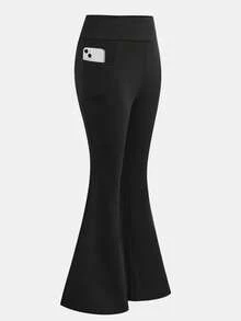 SHEIN Girlism 少女高腰紧身弹力瑜伽休闲喇叭裤，带口袋 - 黑色 - 查看 1