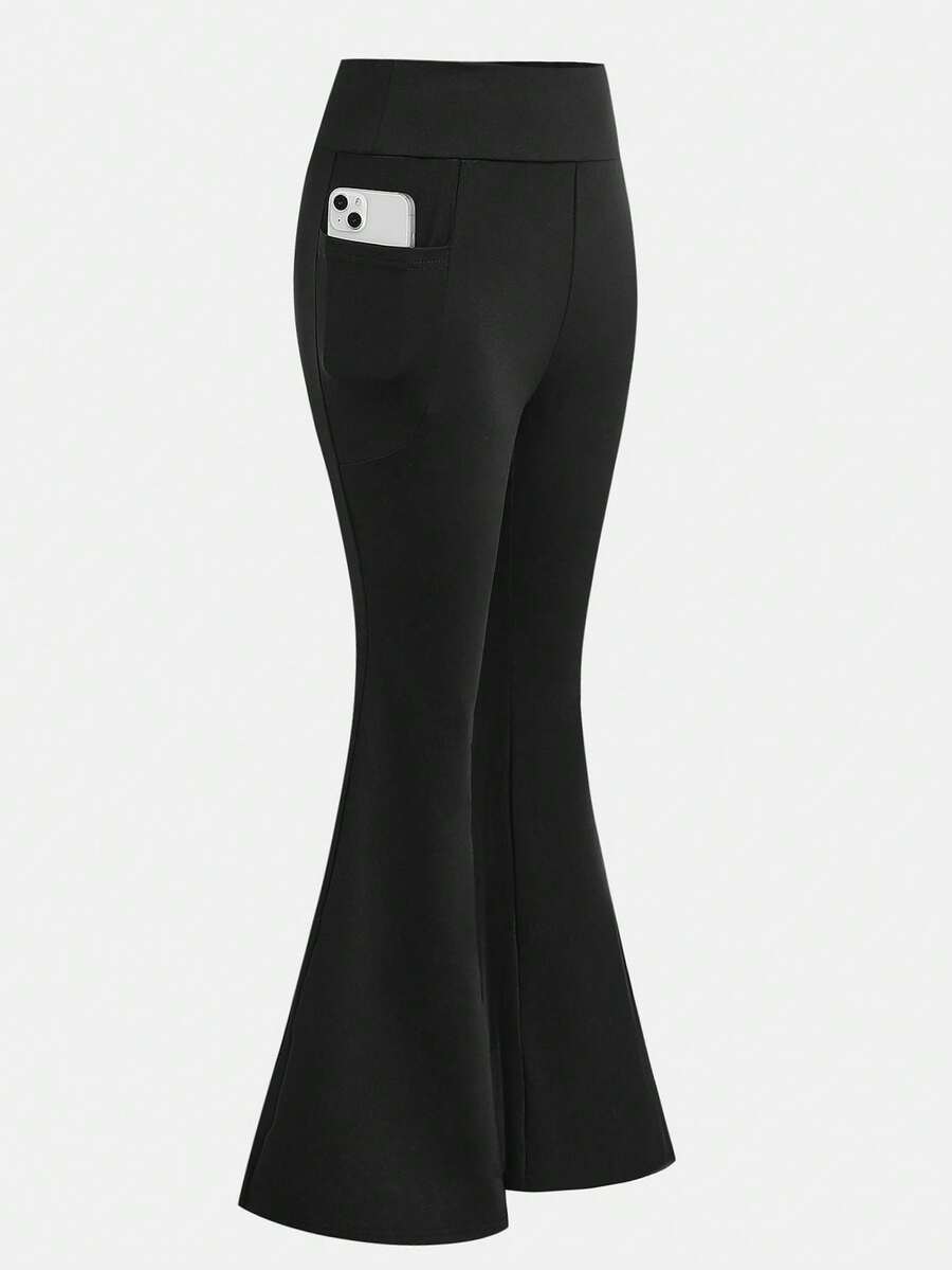 SHEIN Girlism 少女高腰紧身弹力瑜伽休闲喇叭裤，带口袋 - 黑色 - 查看 1