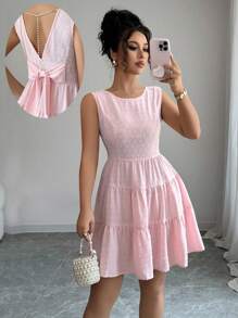 Elenzga Women's Solid Color Bowknot Decor Round Neck Sleeveless Fashion Dress - Pink - View 3