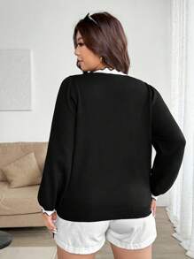 Calvaya Plus Elegant Fitted Contrast Color V-Neck Long Sleeve Pullover Sweater Knit Pullover Fall Winter - Black and White - View 2