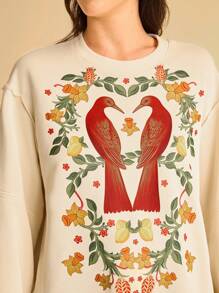 CAJUNI Women's Tropical Bird & Plant Print Casual Vacation Sweatshirt With Slit Hem And Puff Sleeves In Fall/Winter - Multicolor - View 5