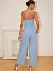 Chiquease 法式优雅休闲百搭白色拼接领口抹胸上衣配拉链腰带和直筒裤，蓝色，秋冬女士套装 - 藍色 - 查看 2