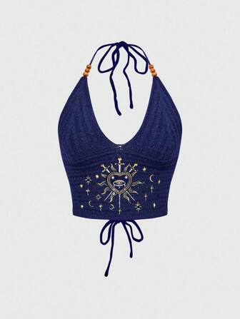 Hippie Blusa de punto negra con bordado de corazón, luna y estrella, estilo bohemio, gótico e hippie para vacaciones