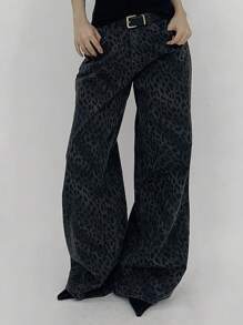 DAZY 女士休闲豹纹宽松裤 - 灰色 - 查看 2