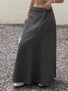 DAZY 纯色修身斜领A字长款休闲街头风女裙，春秋冬季女裙 - 灰色 - 查看 4