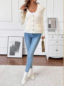 EMERY ROSE Casual Solid Color Knit Cardigan, Autumn/Winter - White - View 5