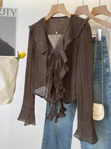 INAWLY Plus Size V-Neck Pleated Ruffle Tie Front Blouse Fall Cloth For Women - Coffee Brown - View 1