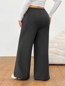 Solflare 大码女式纯色抽绳腰口袋阔腿休闲裤，秋冬 - 黑色 - 查看 2