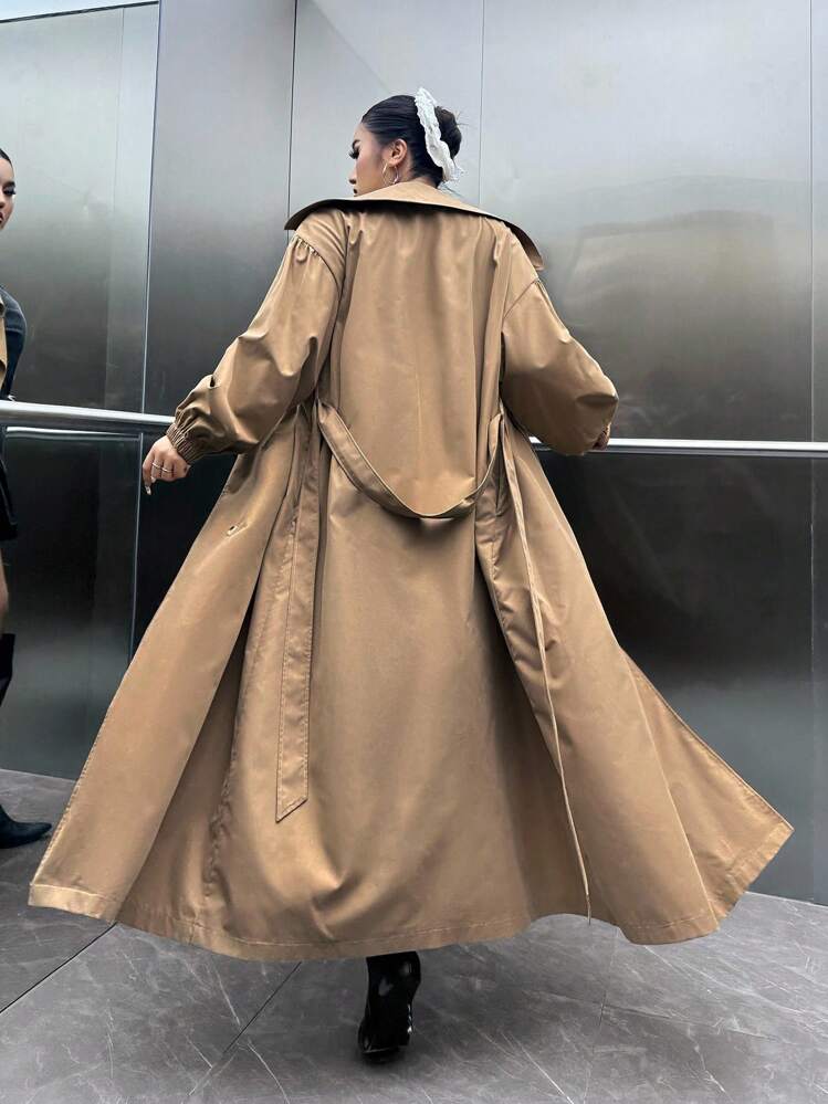 SHEIN EZwear Plus Size Women's Solid Color Lapel NeckLong Sleeve Casual Extra Long Windbreaker Jacket Winter Fall Autumn - Camel - View 6