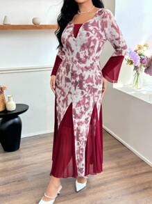 Modelyn 大码休闲时尚修身网眼拼布长袖连衣裙 - 酒紅色 - 查看 8