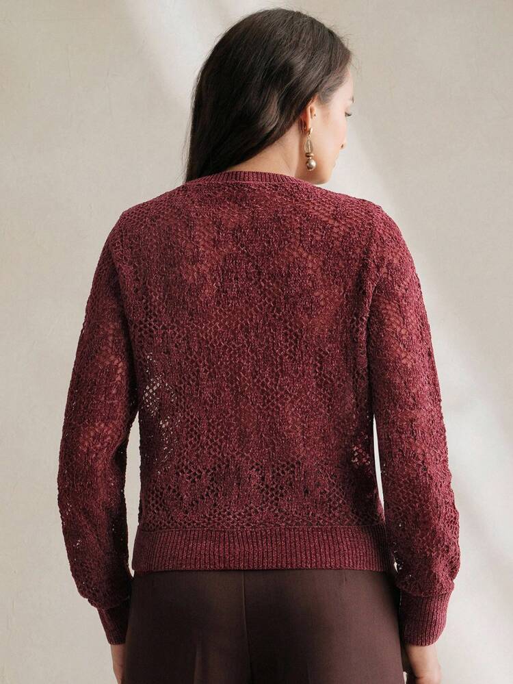 Elegant Organza Round Neck Hollow Out Knitted Top Fall Winter Sweater