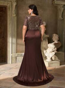 Aureia Plus Size Elegant Romantic Dark Brown Round Neck Sheer Sweetheart Neckline Luxury Beaded Hand-Embellished Sleeve Tassel Chain Satin Mermaid Hem With Train Dress, Suitable For Wedding, Party, Celebration Events, Formal Evening Gown - Coffee Brown - View 6