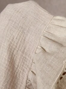 Elaquor Bộ 2 món áo sơ mi và quần dài thêu vá khoét lỗ thường ngày cho kỳ nghỉ cỡ lớn - Màu be - Xem 3