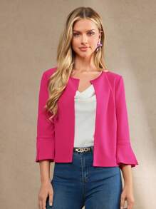 Amorya 女式纯色紫红色开袖薄款夹克外套，秋季 - 玫紅色 - 查看 1