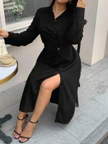 Dazy Plus Plus Size Women's Solid Color Lapel Oblique Placket Side Slit Long Sleeve Casual Mid-Length Dress - Black - View 6