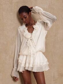 Lumalex VITNOS 秋冬聚会宴会端庄老钱风骚闪光节日派对狂欢节郊游度假热门户外丰富层次婚礼季宴会 VITNOS 女式纯色 3D 花卉装饰前系带长袖时尚迷你连衣裙 - 杏色 - 查看 8