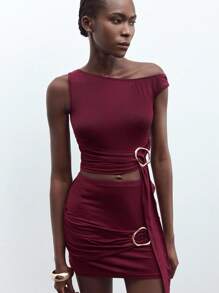 Maija Women Red Summer Outfit Oblique Shoulder Metal Buckle Tie-Front Fitted Crop Top And Elastic Waist Metal Buckle Elegant Music Festival Holiday Party Two Pieces Skirt Set - Red - View 6