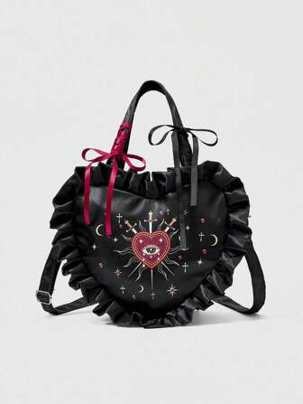 Grunge Punk Sac à main en forme de cœur avec motifs d'œil, de cœur, d'étoile et de gemme, décoré de dentelle, grande capacité, fourre-tout, pour femmes, sac à bandoulière, Style n° 1337053
