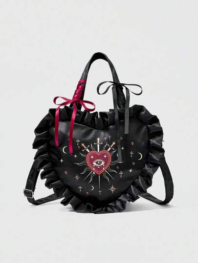 Grunge Punk Handtasche mit Augen-, Herz-, Stern- und Edelstein Muster in Herzform, Spitzen-Dekoration, große Kapazität Shopper, für Frauen, Umhängetasche, Stil Nr. 1337053