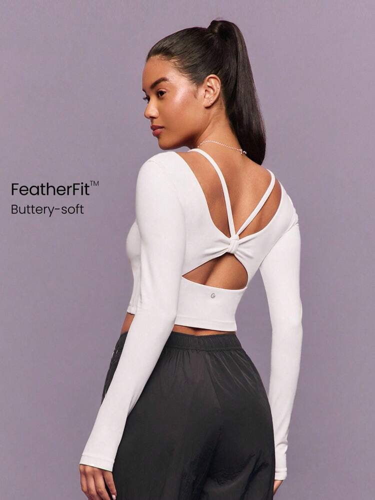 FeatherFit™ Plié Perfect Plissettato Personalizzabile Spalline Lunghezza Corta Manica Lunga Slim Fit Top Con Asole Per Il Pollice Yoga Pilates Barre Studio Abbigliamento Attivo Quotidiano
