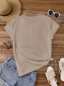 SHEIN LUNE 大码女式休闲花卉印花 V 领落肩修身短袖 T 恤、套头衫，适合夏季 - 卡其色 - 查看 2