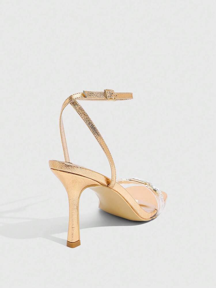 CUCCOO SZL Women's Champagne Metallic Acrylic Glass Strap Buckle Decor Strap Ankle Strap Square Toe Fashionable Sexy Elegant Metallic High Heel Sandals