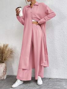 SHEIN LUNE Women's Solid Color Drop Shoulder Long Sleeve Single-Breasted Long Shirt And Pants Casual 2 Pieces Set