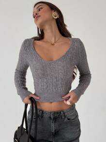 Aloruh Áo len chui đầu dài tay cổ tim dệt kim kiểu dáng cổ điển mới, trang phục cơ bản đa năng cho mùa thu - Màu xám đen - Xem 4