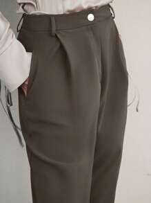 Uhlyne 女士缎面丝绸长款不对称口袋褶皱休闲裤,简约优雅百搭通勤风格,深咖啡棕色,秋季,极简主义,工作服,教师装,返校,秋季,中性服装,商务休闲,老钱风格美拉德风格 - 棕色 - 查看 3