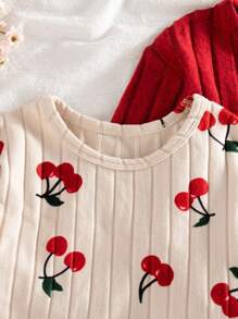 SHEIN Playful Pals 6 件套女婴秋冬新款罗纹针织面料杏色樱桃印花纯色服装，3 件套长袖上衣和裤子，时尚休闲可爱套装 - 彩色 - 查看 8