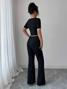 Elenzga 2pcs Women Casual Short Sleeve Top And Pants Set - Black and White - View 2