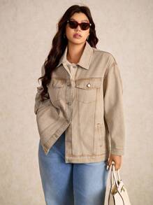 Elaquor Áo khoác denim rách giặt thường ngày cỡ lớn - Màu be - Xem 7