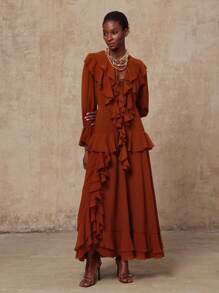 Lumalex VITNOS Thu/Đông Cao cấp mới Bohemian Vintage thanh lịch cà phê voan dài tay nhiều lớp nhún bèo eo không đối xứng viền váy dài cho nữ, thích hợp cho buổi hòa nhạc, hẹn hò, đám cưới, tiệc tùng, sinh nhật, kỳ nghỉ - Rỉ Nâu - Xem 4